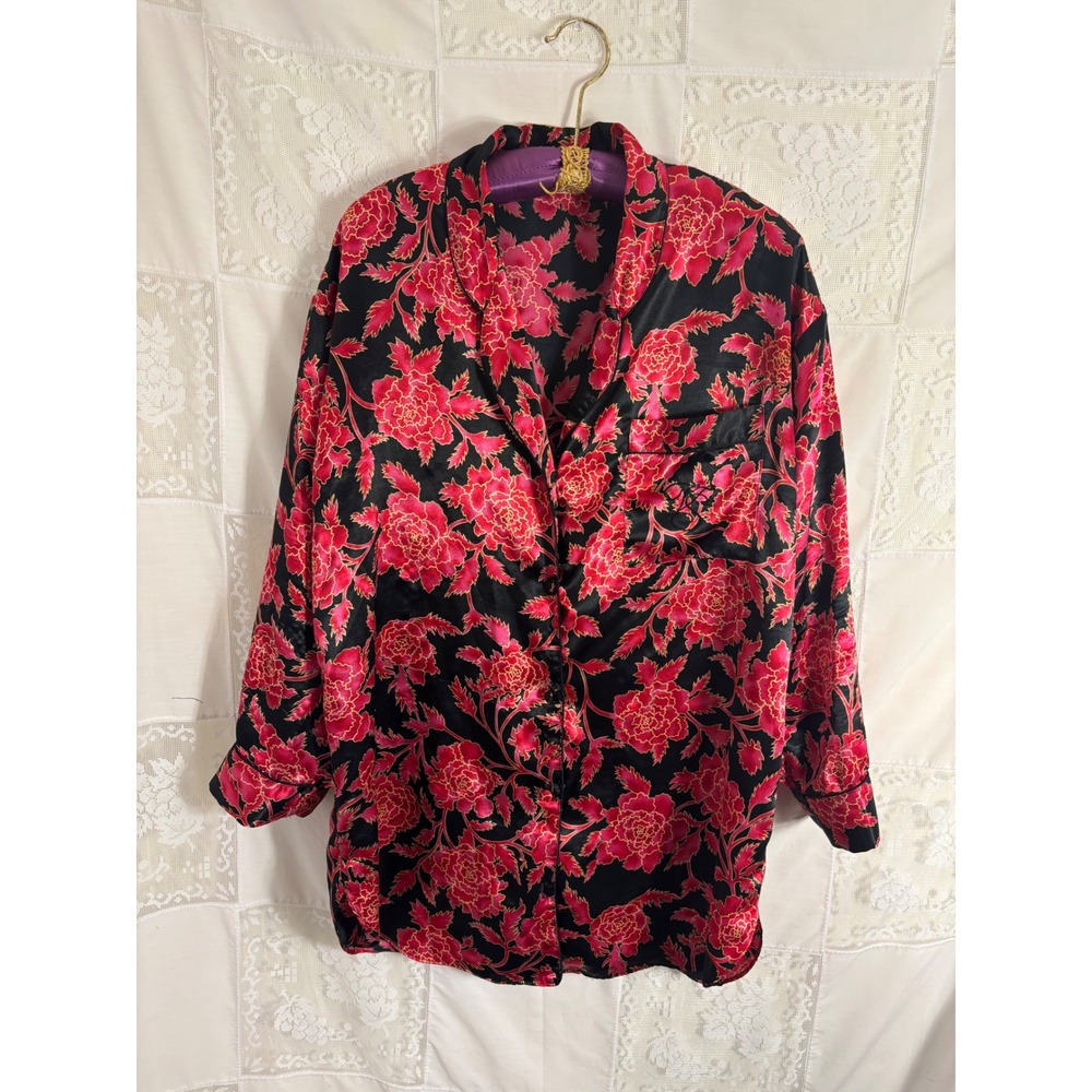 VTG Gold Label Victoria's Secret Black Red Floral Satin Button Up Robe Size L-XL